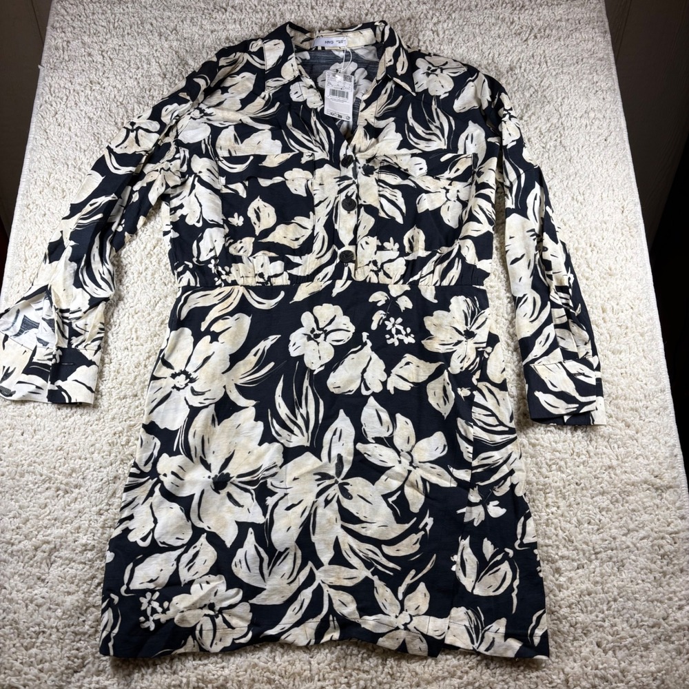 MNG Floral Print Button‎ Front Shirt Dress Black Cream XL